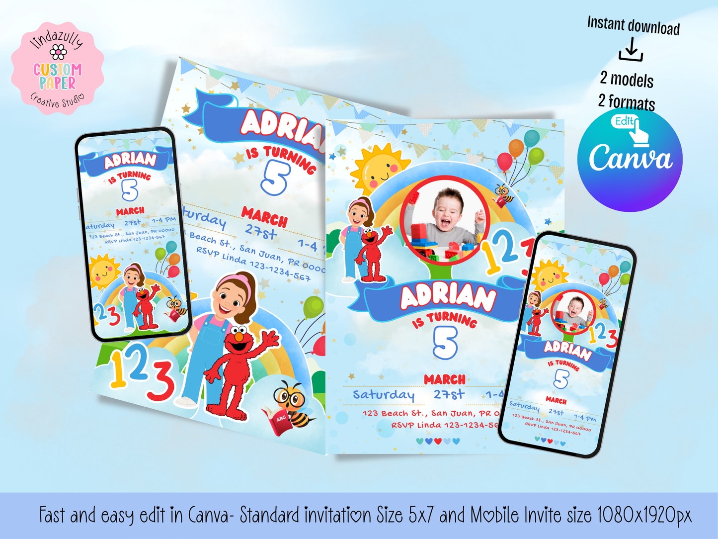 MS Rachel and Elmo Birthday Invitation | Preschool Birthday Invitation | Blue Red Theme Party Printable (Digital Download)