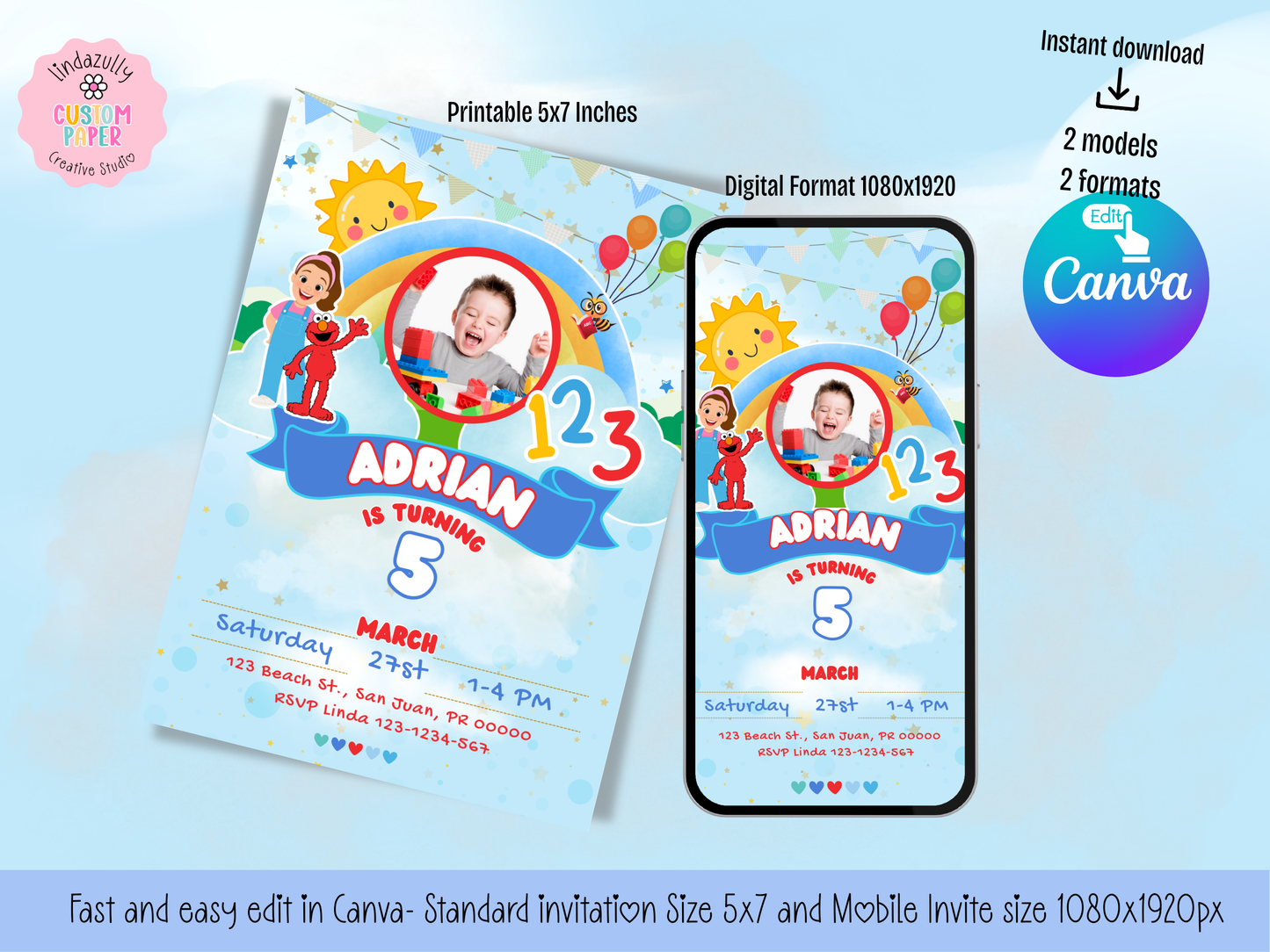 MS Rachel and Elmo Birthday Invitation | Preschool Birthday Invitation | Blue Red Theme Party Printable (Digital Download)