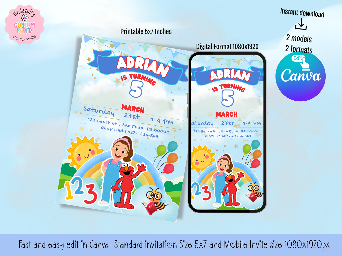 MS Rachel and Elmo Birthday Invitation | Preschool Birthday Invitation | Blue Red Theme Party Printable (Digital Download)