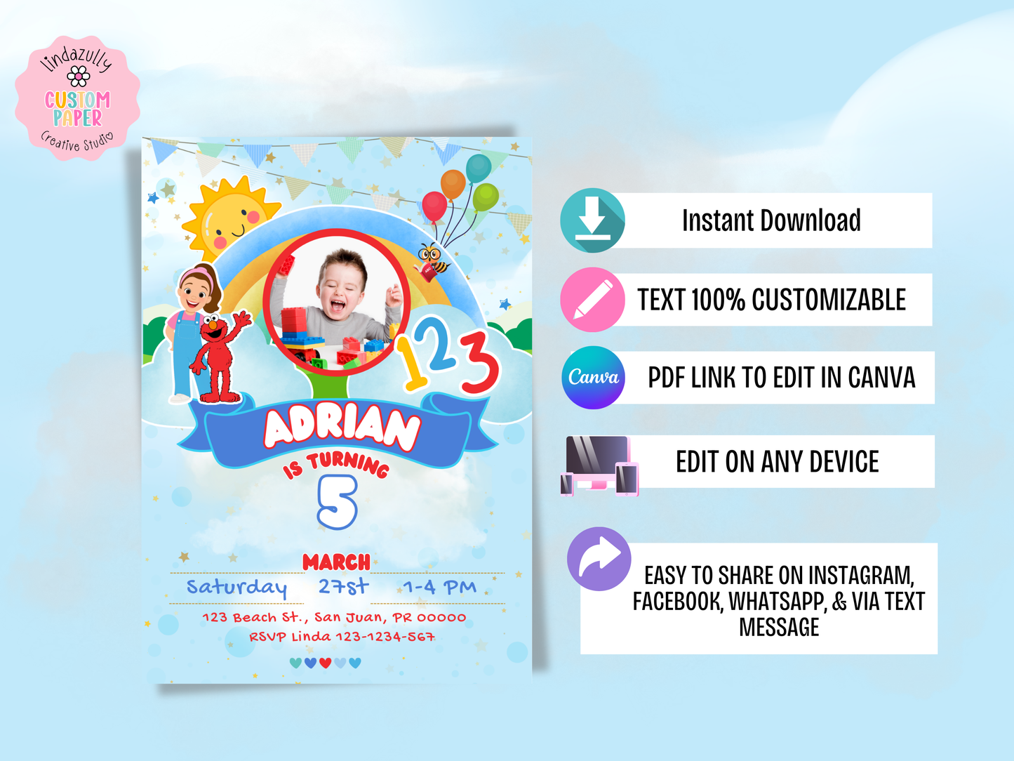 MS Rachel and Elmo Birthday Invitation | Preschool Birthday Invitation | Blue Red Theme Party Printable (Digital Download)