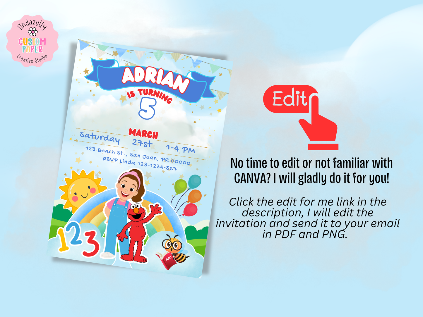 MS Rachel and Elmo Birthday Invitation | Preschool Birthday Invitation | Blue Red Theme Party Printable (Digital Download)