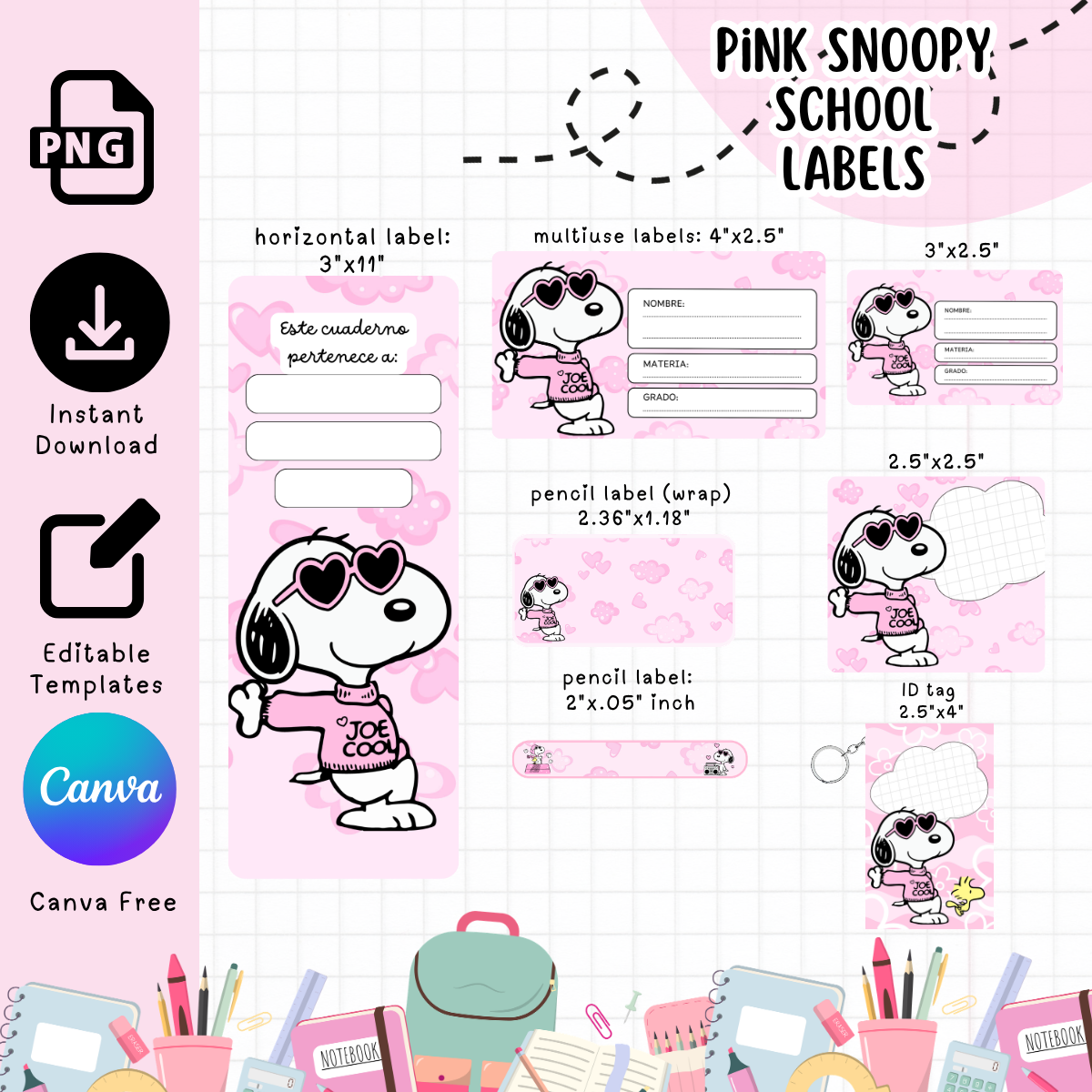 Pink Snoopy Schoo Label - Digital Download