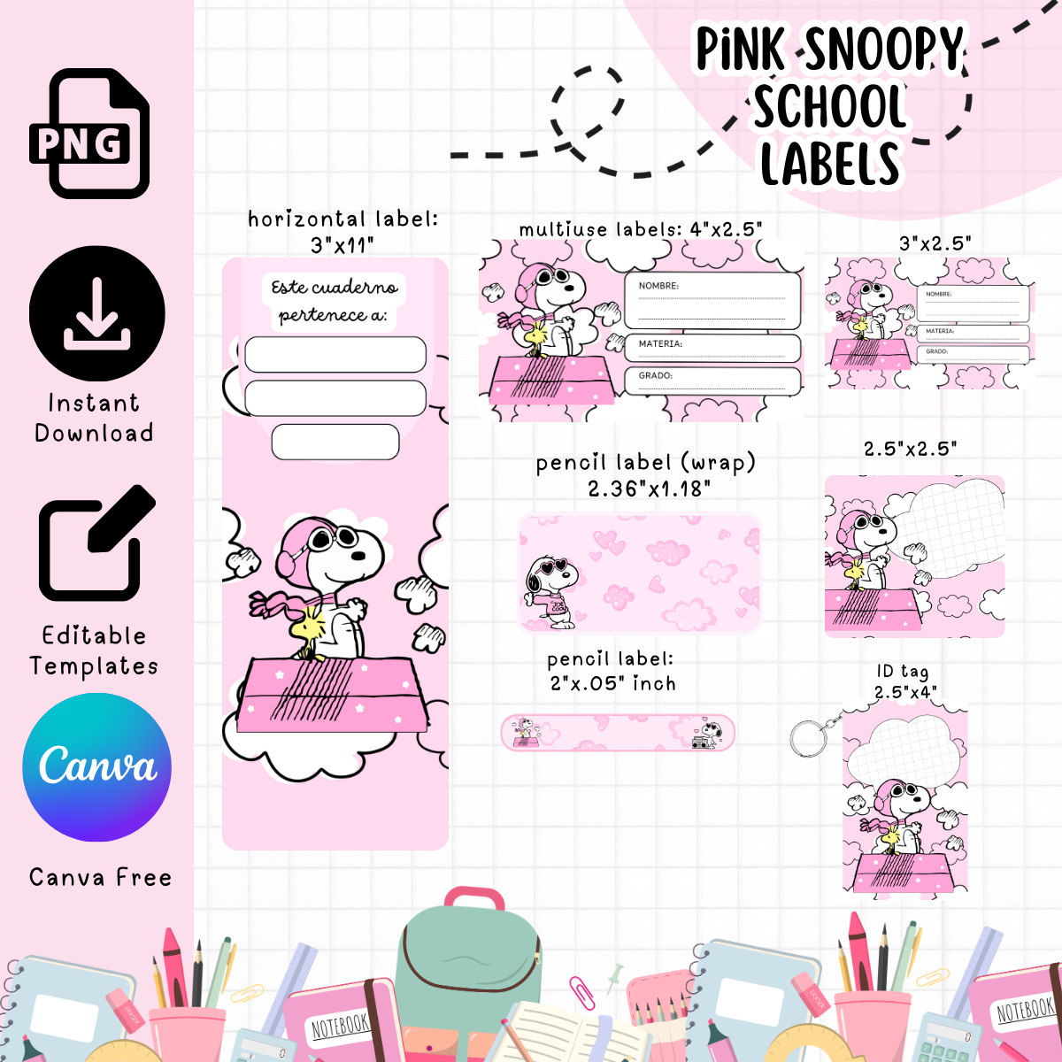 Pink Snoopy Schoo Label - Digital Download