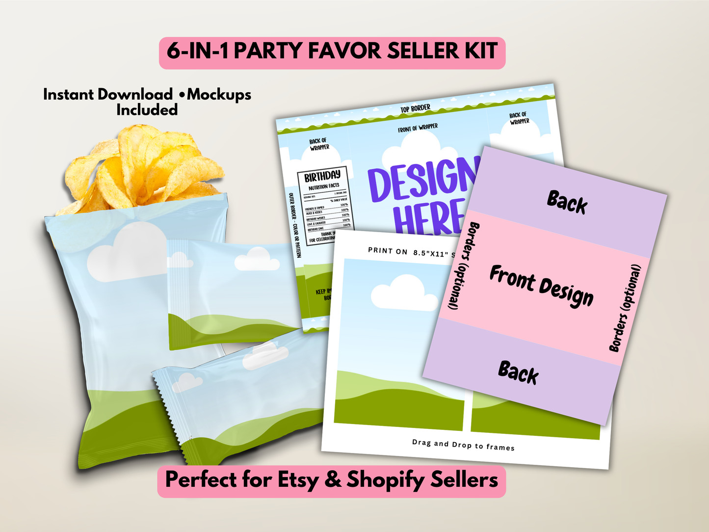 Party Favor Mockup & Template Bundle | Chip Bag, Kit Kat & Rice Krispies Treat Canva Templates