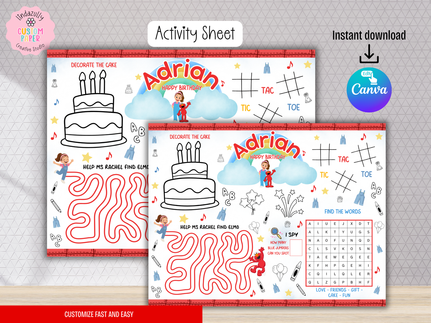 MS Rachel And Elmo Printables| Educational Show Birthday Party Bundle | Canva Templates (Digital Download)