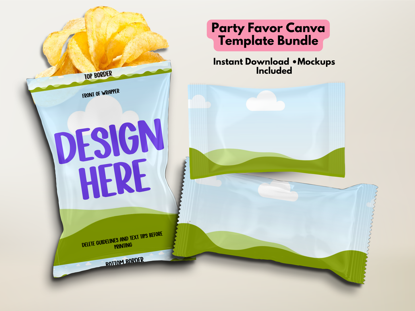 Party Favor Mockup & Template Bundle | Chip Bag, Kit Kat & Rice Krispies Treat Canva Templates