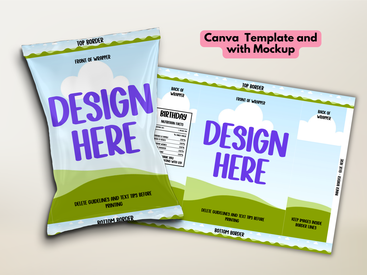 Party Favor Mockup & Template Bundle | Chip Bag, Kit Kat & Rice Krispies Treat Canva Templates
