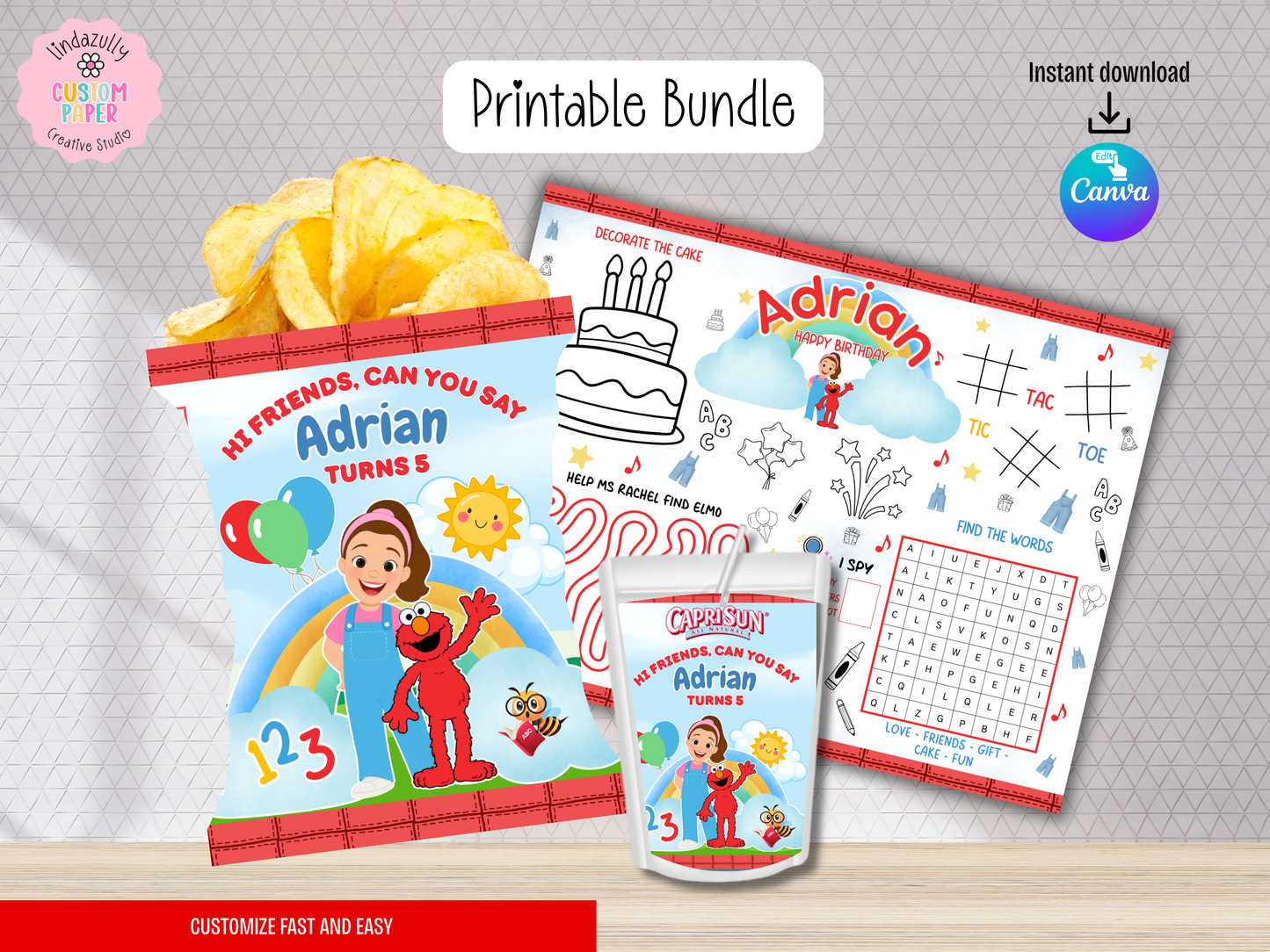 MS Rachel And Elmo Printables| Educational Show Birthday Party Bundle | Canva Templates (Digital Download)