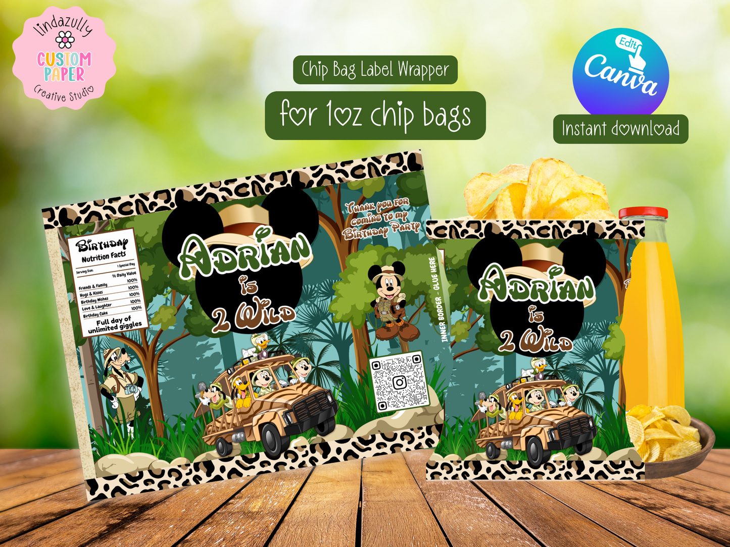 Mickey Safari Party Bundle Canva Template | Editable Jungle Birthday Decorations | Chip Bag, Capri Sun, Water Bottle Labels & More