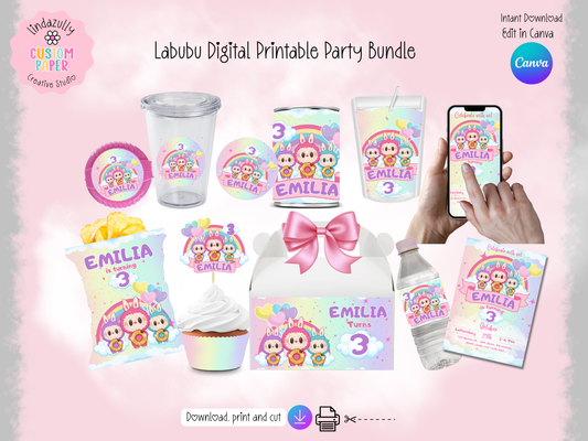 Labubu Birthday Digital Download Party Bundle: Canva Editable Bundle (Digital Download)