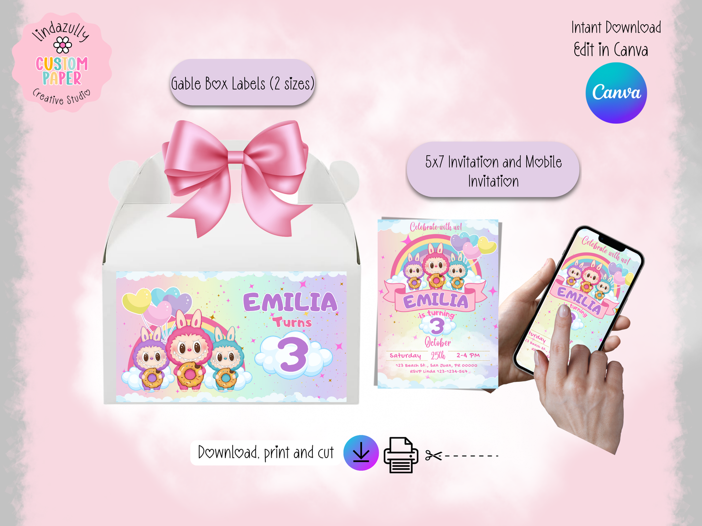 Labubu Birthday Digital Download Party Bundle: Canva Editable Bundle (Digital Download)