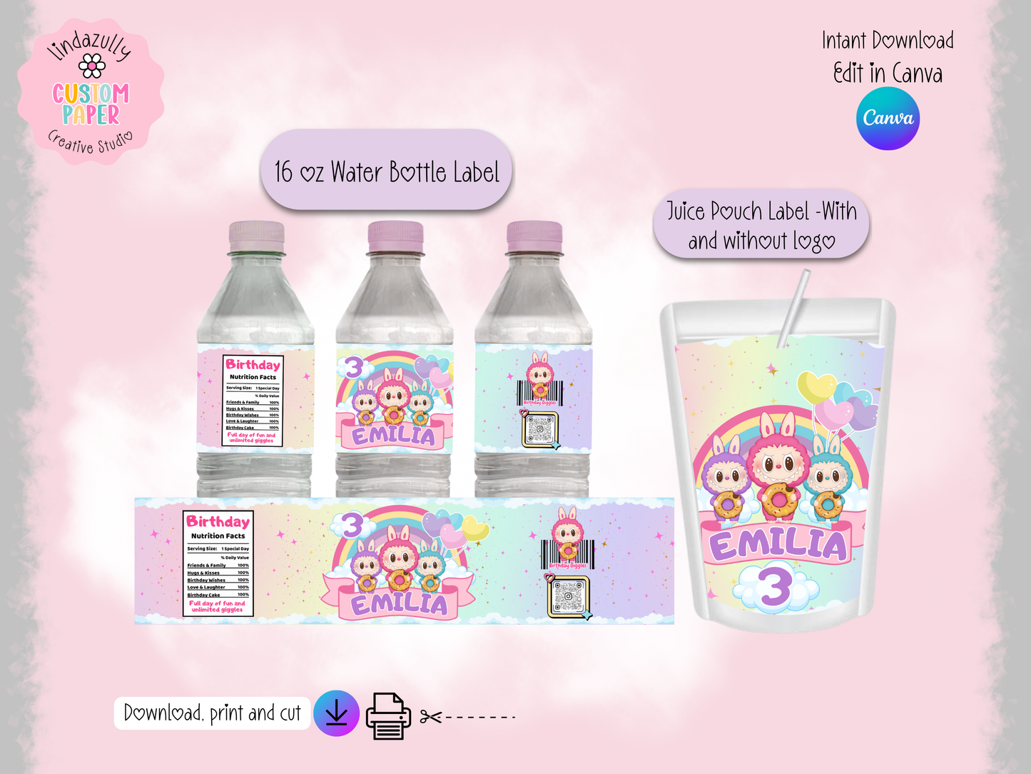Labubu Birthday Digital Download Party Bundle: Canva Editable Bundle (Digital Download)