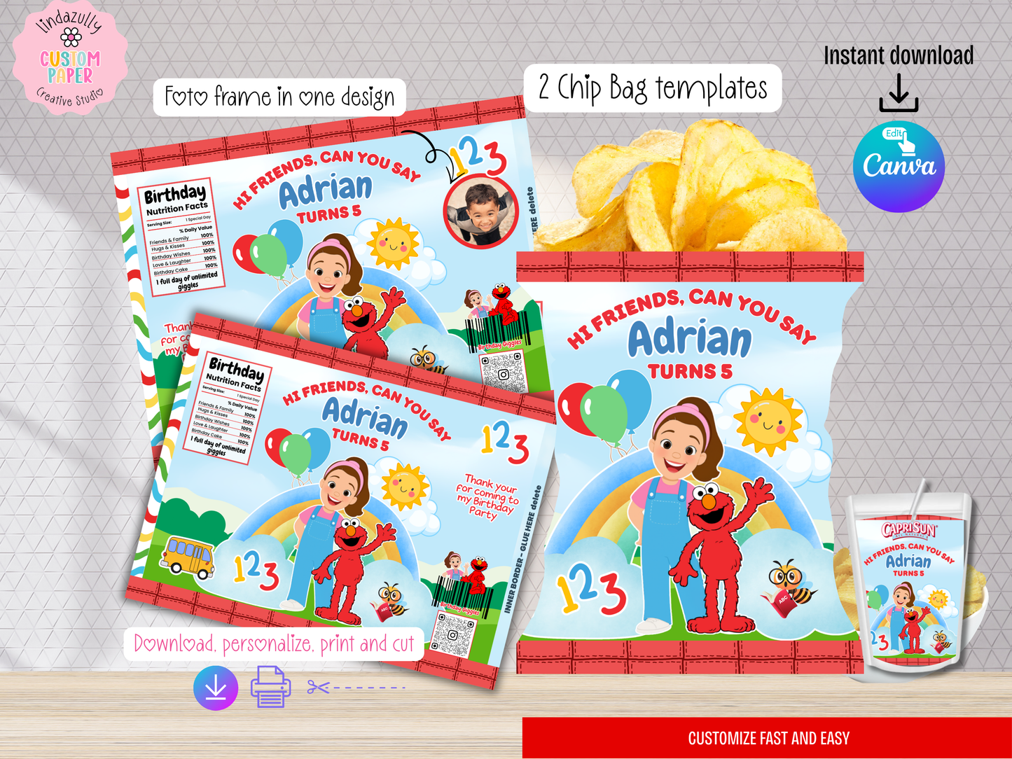 MS Rachel And Elmo Printables| Educational Show Birthday Party Bundle | Canva Templates (Digital Download)
