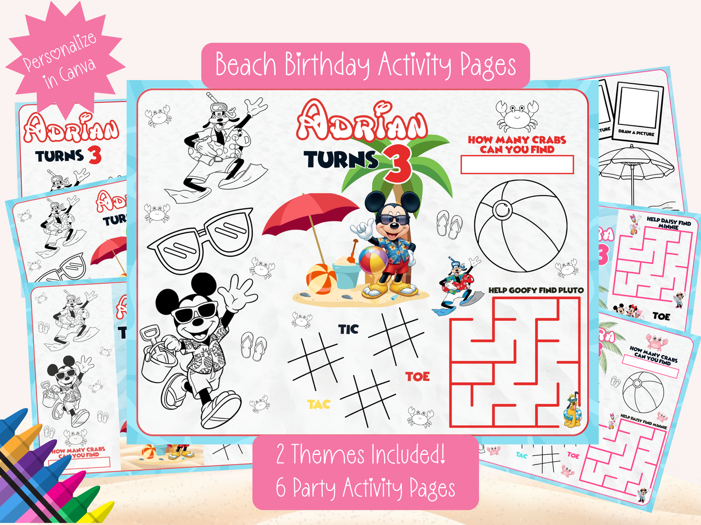 Editable Beach Mouse Party Activity Pack – Personalized Canva Templates