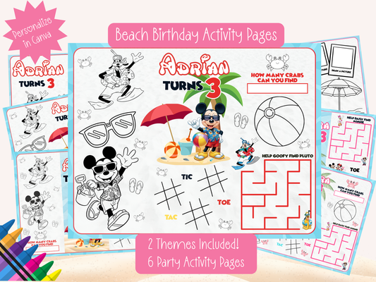 Editable Pink Beach Mouse Party Activity Pack – Personalized Canva Templates