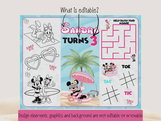 Editable Pink Beach Mouse Party Activity Pack – Personalized Canva Templates